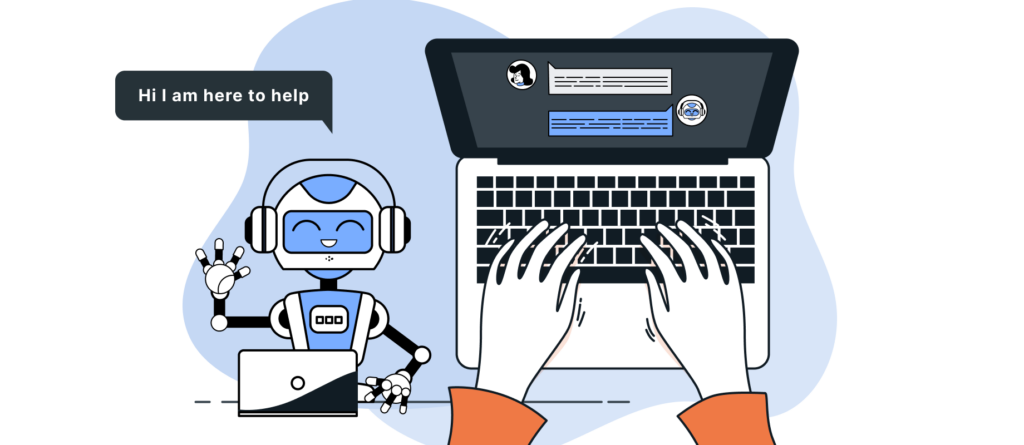 Illustration eines KI-Chatbots mit Chatoberfläche zur automatisierten Kommunikation und Unterstützung von Nutzenden in digitalen Anwendungen.