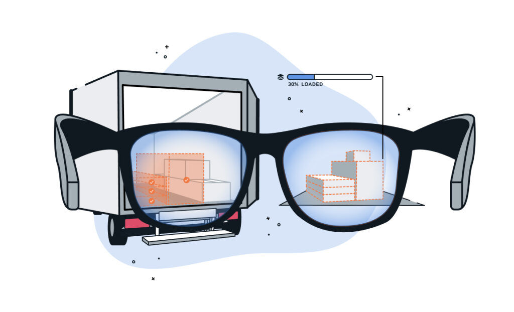 Visual representation of smart warehouse processes using augmented reality.