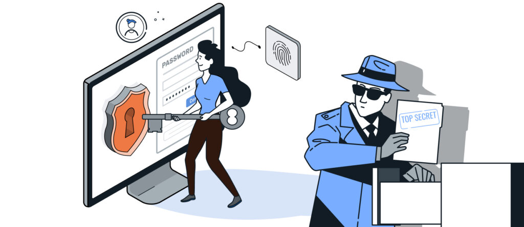Grafische Darstellung von Cybersecurity mit sicherer Authentifizierung, Zugriffskontrolle, Datenschutz und Schutz sensibler Unternehmensdaten vor unbefugtem Zugriff.