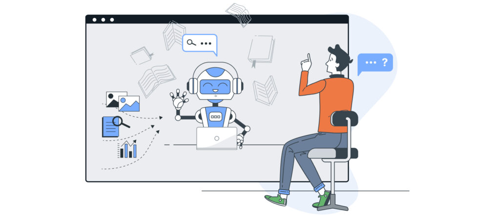 Infographic on the RAG workflow: A user asks a question. A „retriever“ robot searches a data source for relevant information and forwards the question and context to a Large Language Model (LLM), which generates the final answer.