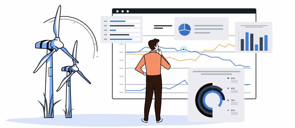 A graphic depicting a person looking at a dashboard and wind turbines on the left.