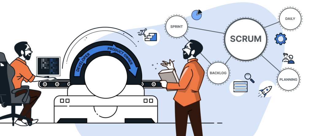 Grafische Darstellung des agilen Scrum-Prozesses mit Product Owner, Entwicklungsteam, Sprint, Daily Scrum, Sprint Planning und Product Backlog für die Softwareentwicklung.