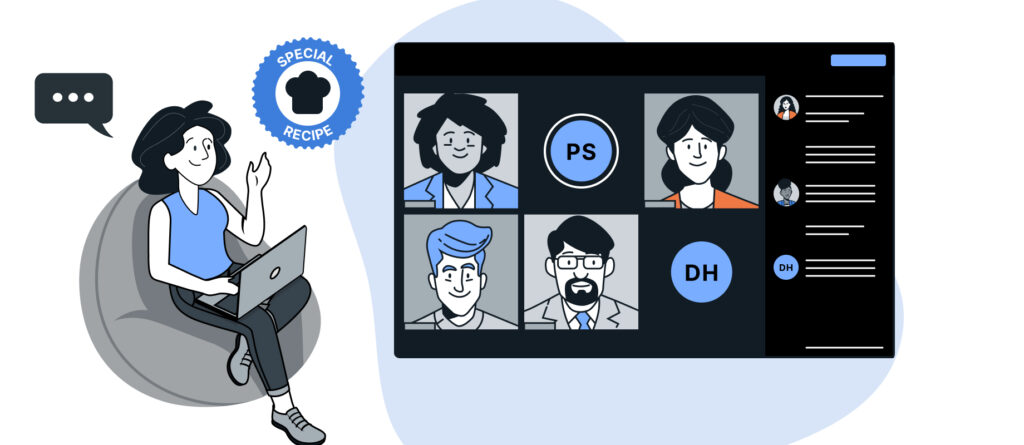 Grafische Darstellung einer Videokonferenz mit digitaler Teamkommunikation.