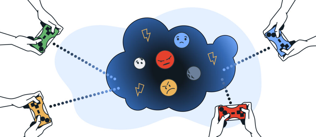 Four hands are holding controllers and are connected by dotted lines to a dark cloud containing unhappy and angry emojis as well as lightning bolts.