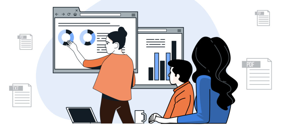 Illustration of a team analyzing charts and reports on dashboards and reviewing report files