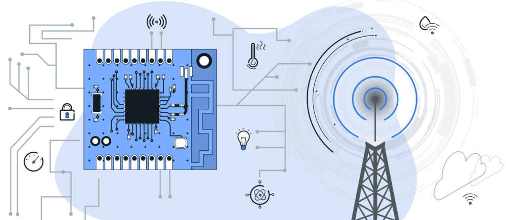 Grafische Darstellung einer IoT-Lösung (Internet of Things) mit Mikrocontroller, Sensorik, Funkkommunikation und drahtloser Vernetzung für Smart-Home- und Industrieanwendungen.