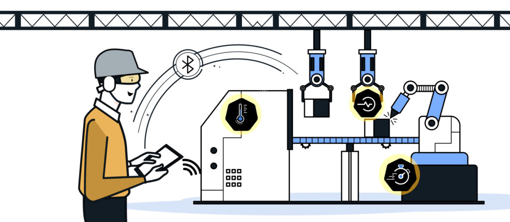 Illustration of a networked production facility with robotic arms, sensors, and wireless control