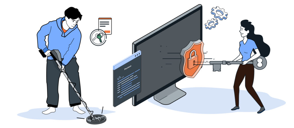 Illustration of a penetration test involving security assessment and protection of a software application.