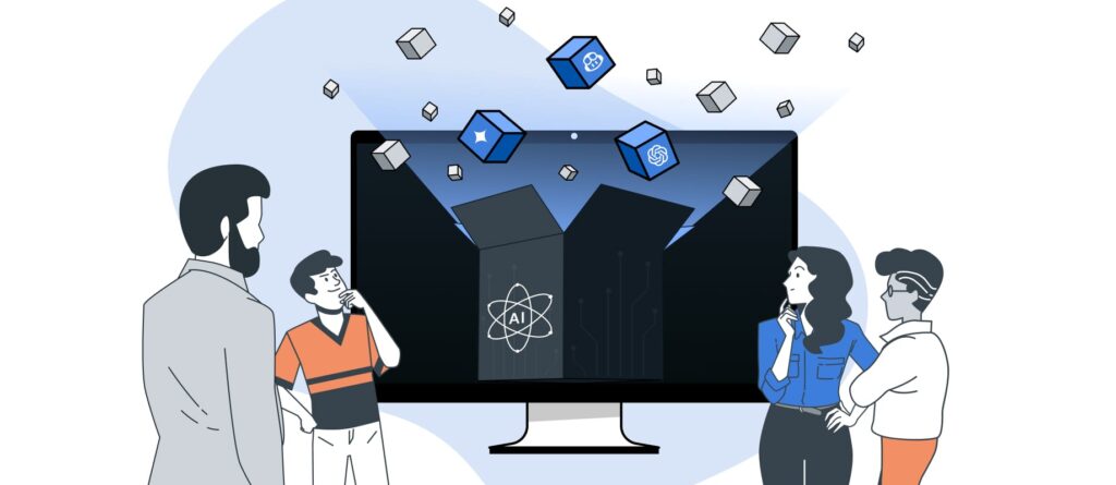 Illustration eines Teams, das verschiedene KI-Modelle für eine Anwendung vergleicht