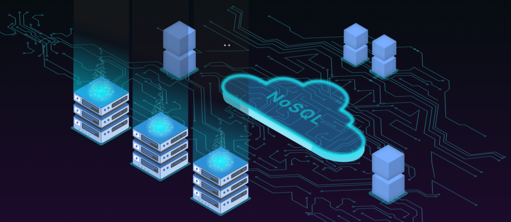Illustration einer NoSQL-Cloud-Datenbank mit mehreren verbundenen Servern und verteilten Datenquellen.