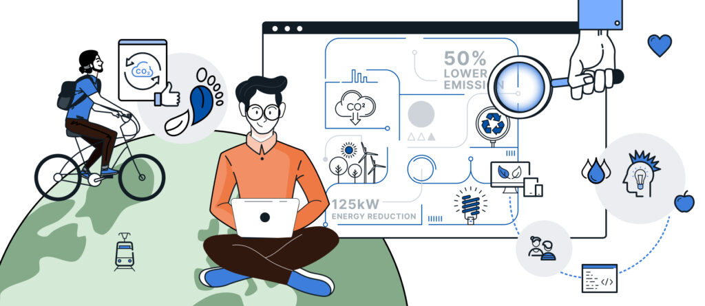 Grafische Darstellung nachhaltiger IT-Lösungen mit CO₂-Monitoring, Energieoptimierung, erneuerbaren Energien und digitalem Umweltmanagement zur Reduzierung von Emissionen.
