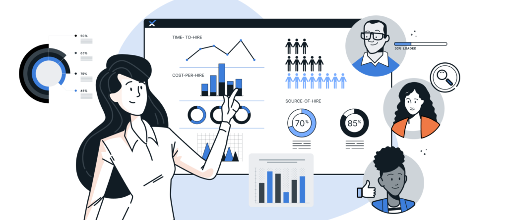 Grafische Darstellung eines Dashboards mit Recruiting-Kennzahlen und HR-Analysen.