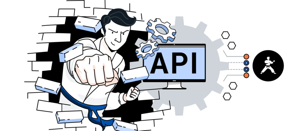 Illustration einer API mit Symbolen für Softwareintegration und automatisierten Datenaustausch.