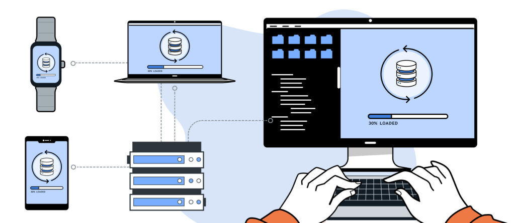 Illustration einer Datensynchronisation zwischen Smartwatch, Smartphone, Laptop, Server und Desktop-Computer mit Fortschrittsanzeige für den Datenabgleich.