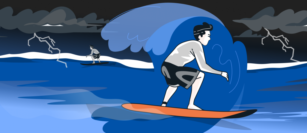 Grafische Darstellung eines Manns der auf einem Surfbrett steht