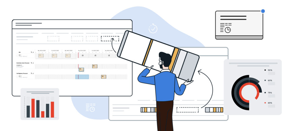 Illustration of digital workforce scheduling: A man uses drag-and-drop to add a scheduling element to a digital shift schedule, surrounded by data dashboards and charts.