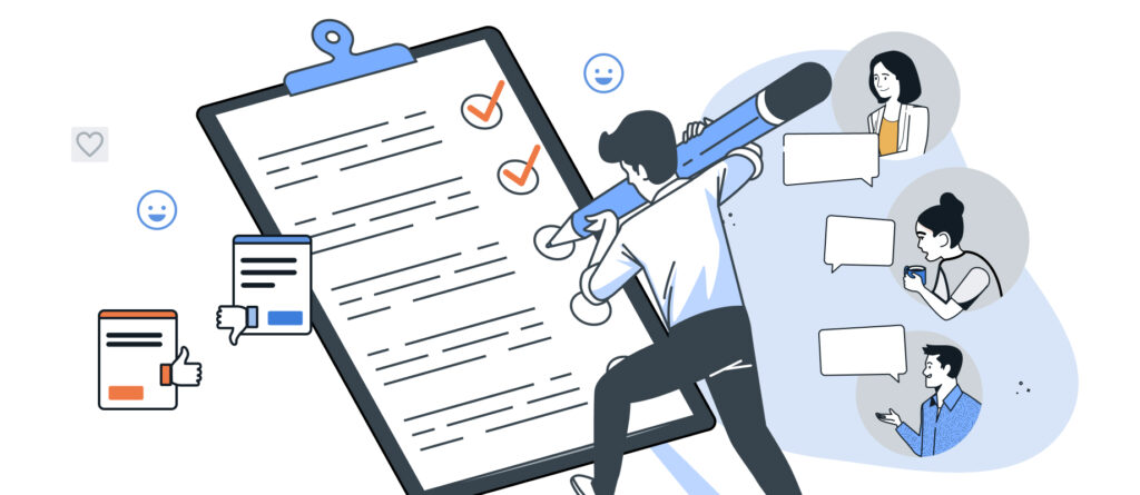 Grafische Darstellung eines Feedback- und Bewertungsprozesses mit Checkliste, Nutzerbewertungen und Kundenfeedback zur Verbesserung von Produkten und Dienstleistungen.