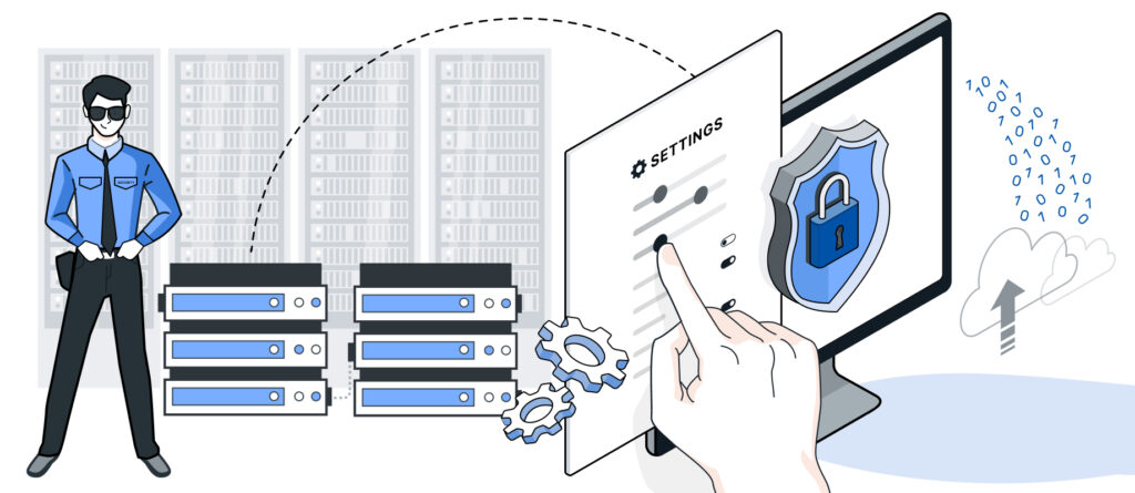 rafische Darstellung von IT-Sicherheit mit Serverinfrastruktur, Zugriffsschutz, Sicherheitskonfigurationen und Cloud-Sicherheit zum Schutz digitaler Systeme und Daten.