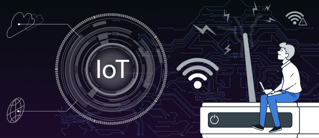 A diagram of an IoT (Internet of Things) solution featuring connected devices, Wi-Fi communication, and smart networking for digital applications.
