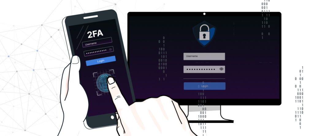 A diagram illustrating two-factor authentication (2FA) using a fingerprint and secure login to protect digital user accounts.