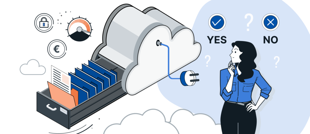 Grafische Darstellung einer Cloud-Migration mit Datenübertragung und Bewertung von Cloud-Lösungen.