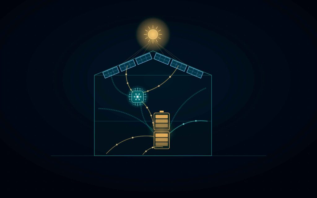 Sketch of a House with Energy Storage, AI, and PV Systems on the Roof