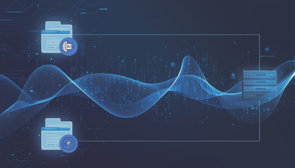 Pictogram: AI and ideas connected through digital infrastructure